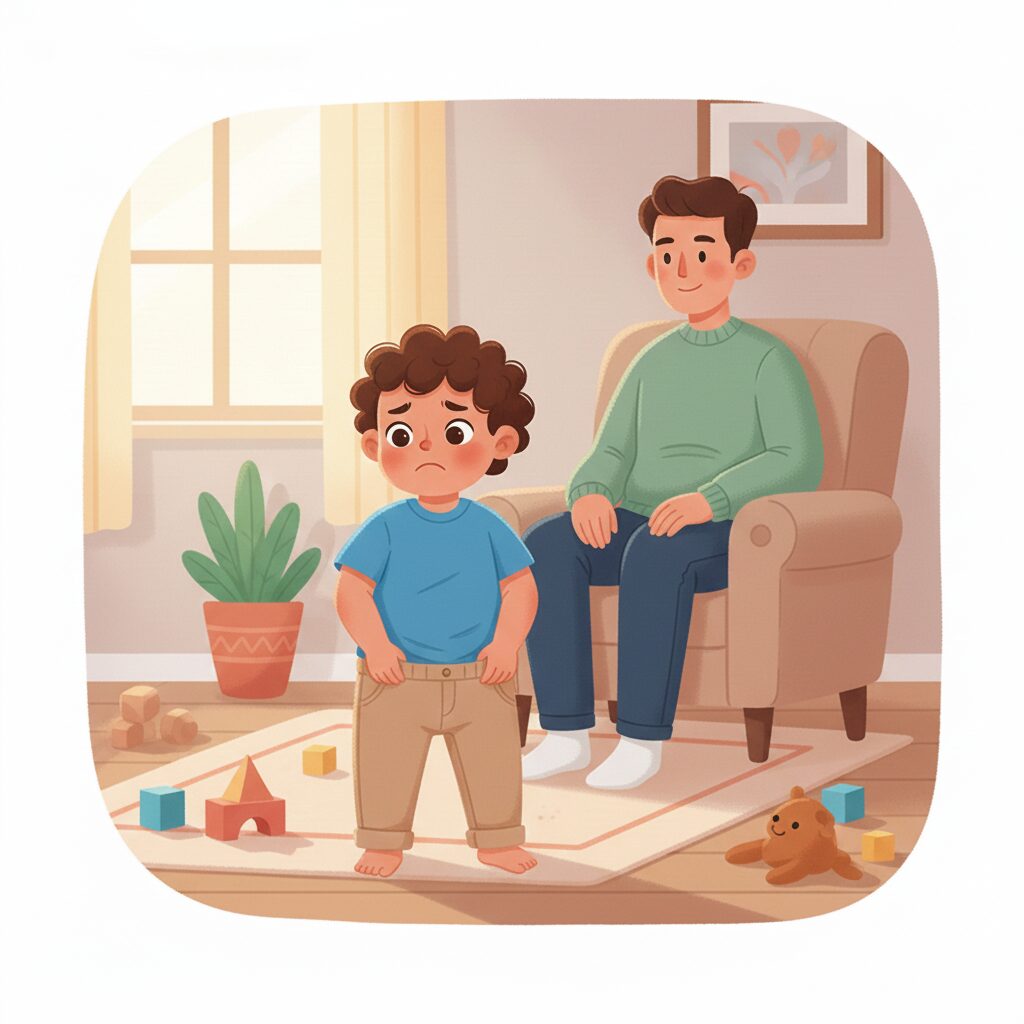 image 1 - A child trying to pull down their pants or showing a clear expression of discomfort with a wet diaper.