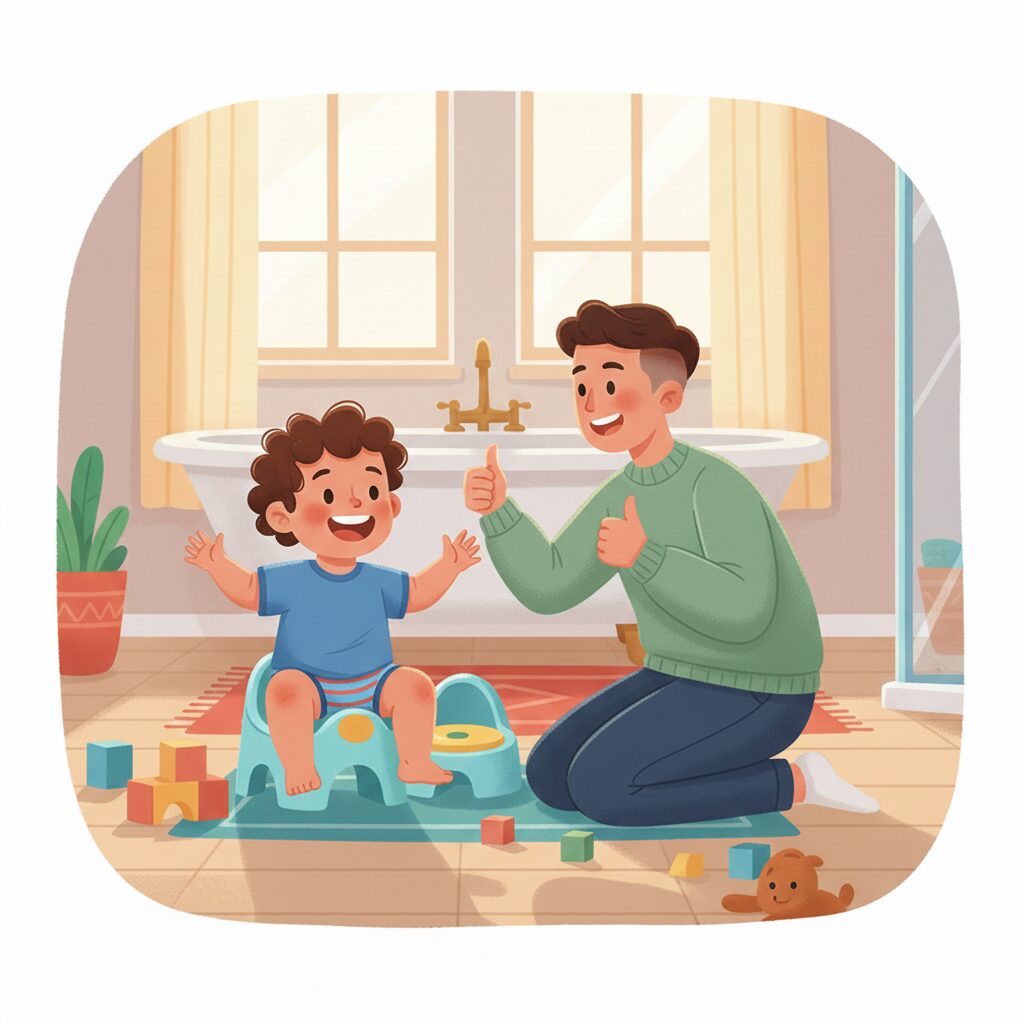 image 2 - A child successfully using the potty, with a parent joyfully giving a high-five or enthusiastic applause.