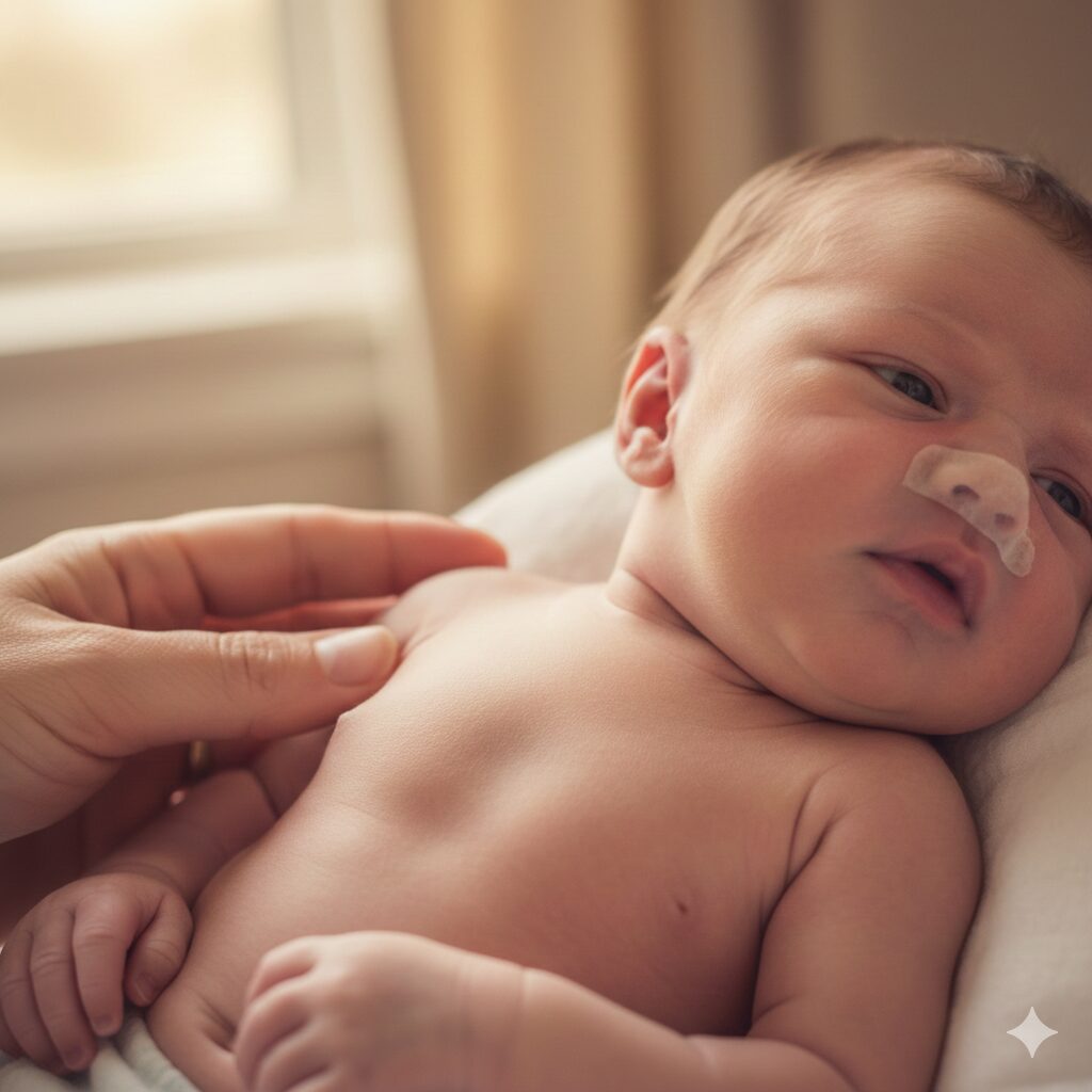 image 1 - An infant struggling to breathe with constricted airways (parent's reassuring hand)