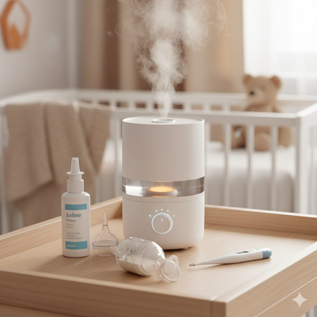 image 2 - A cozy home environment with a humidifier and an infant sleeping peacefully