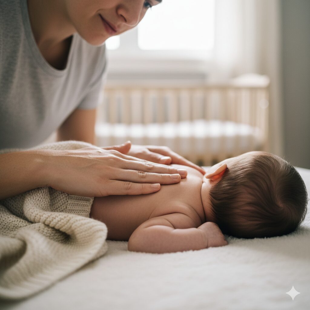 image 3 - A parent gently patting the baby's back or chest to help dislodge mucus (chest physiotherapy)