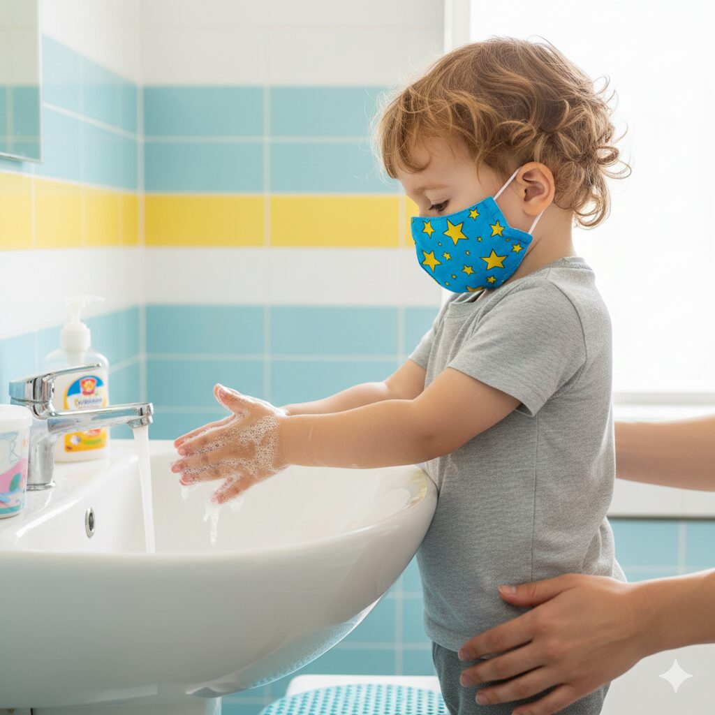 image 4 - A family member wearing a mask while interacting with a baby, emphasizing caution and hygiene