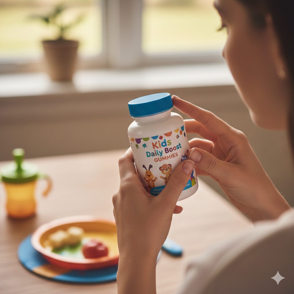 image 1 - Parent looking at colorful children's supplement bottles, contemplating at the dinner table.
