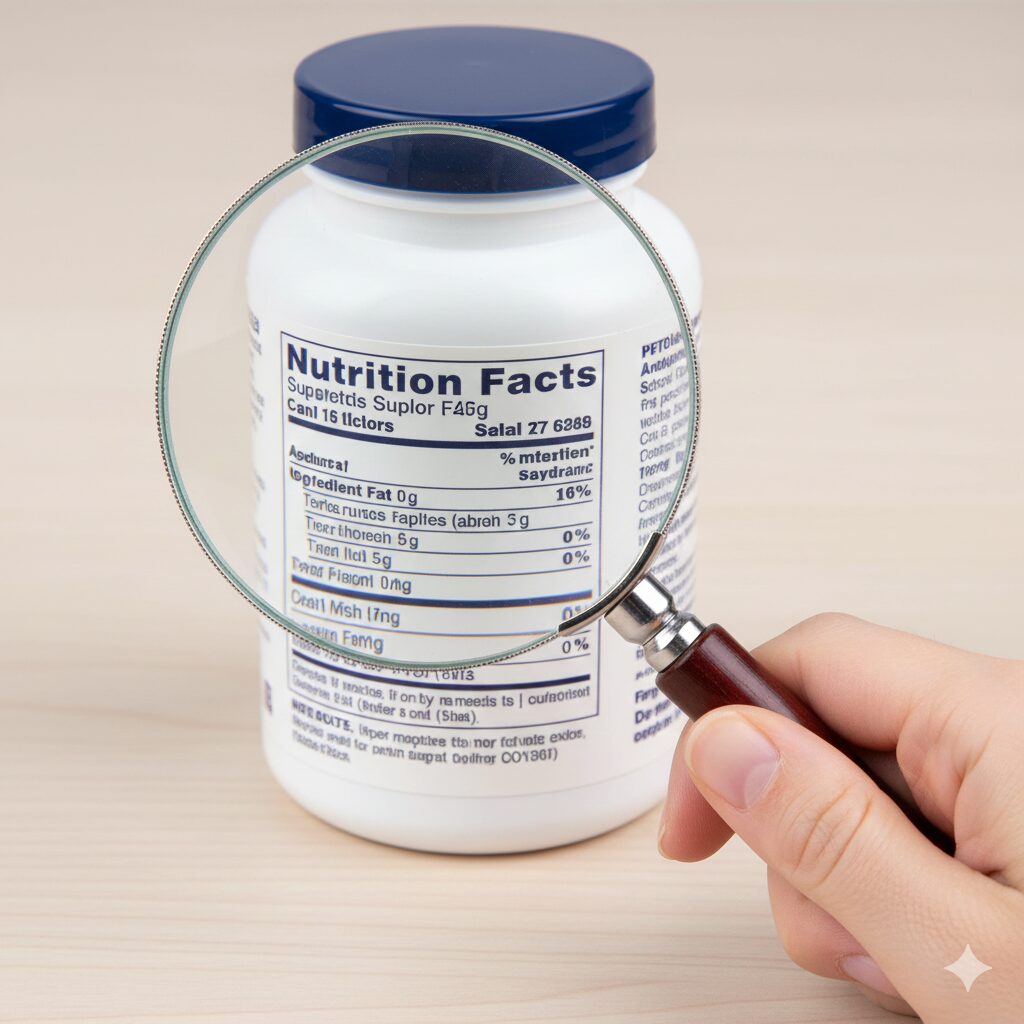 image 3 - A hand using a magnifying glass to carefully read the small print on a supplement ingredient label.