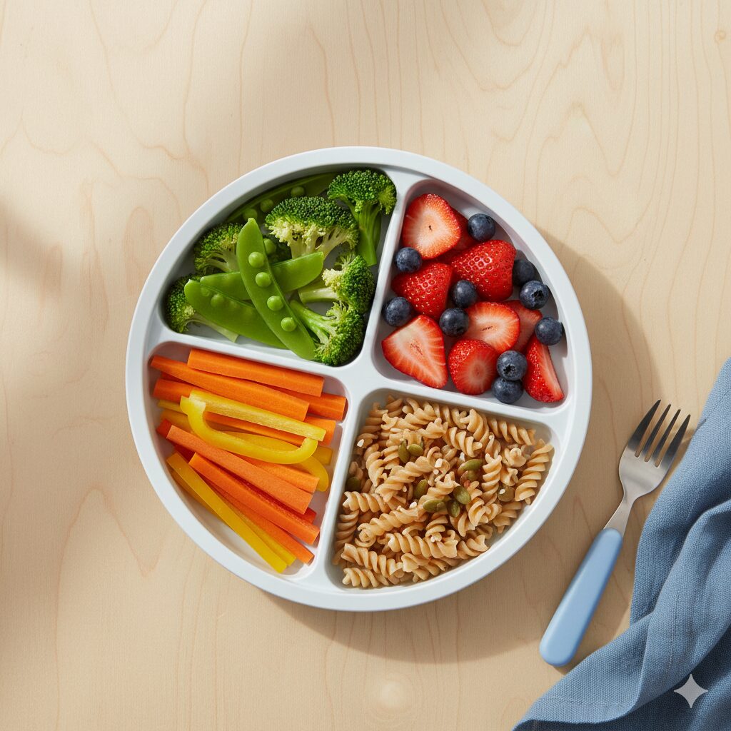 image 4 - A healthy, balanced plate with various colored fresh vegetables, fruits, and grains.