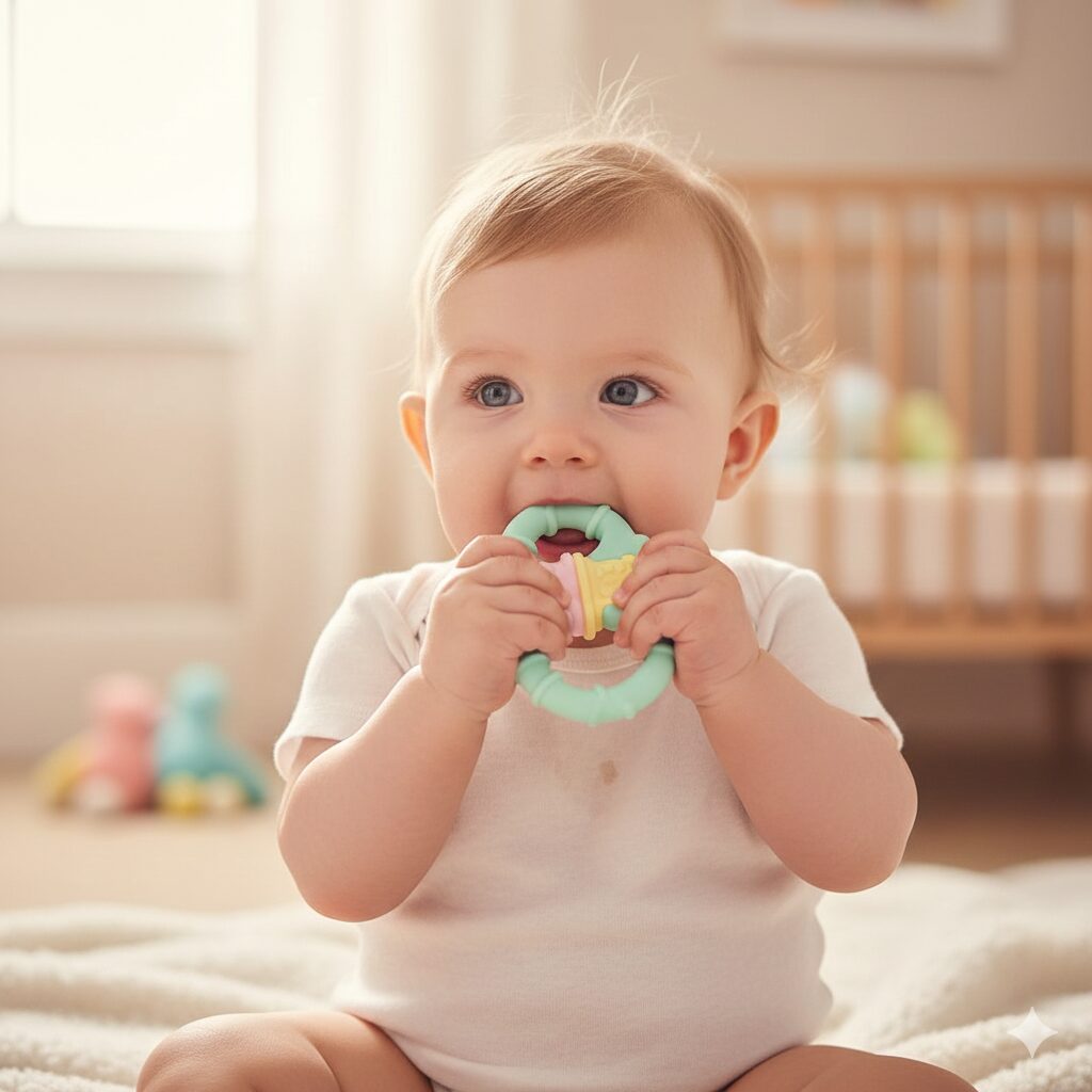 A close-up, joyful photo of an infant (3-5 months old) lying down or propped up, focusing intently on sucking their own hand or fingers. The baby should look comfortable and secure. Use a bright, clean background.