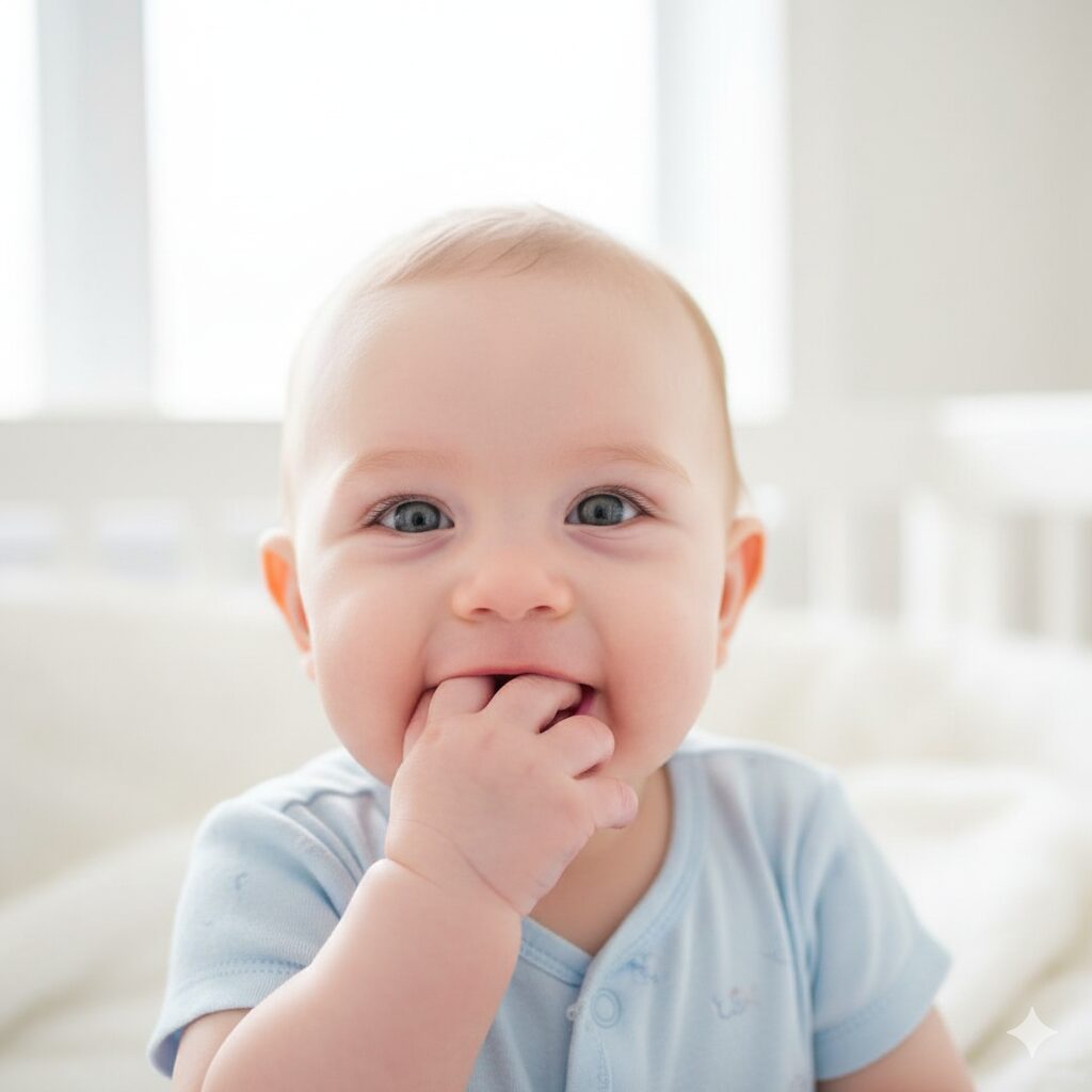 image 1 - A few-month-old baby with a bright expression, happily sucking on their own fingers.