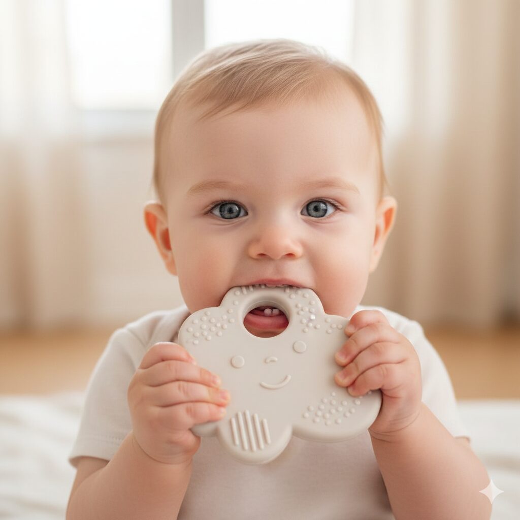 image 2 - A baby concentrating on gnawing a safe, soft silicone teether with their gums.