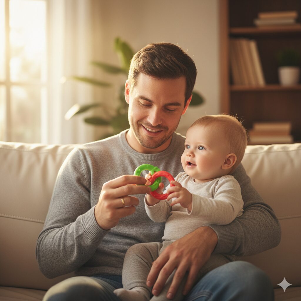image 4 - A warm and happy scene where a dad is holding a baby and smiling, handing the baby a safe, ring-shaped toy.
