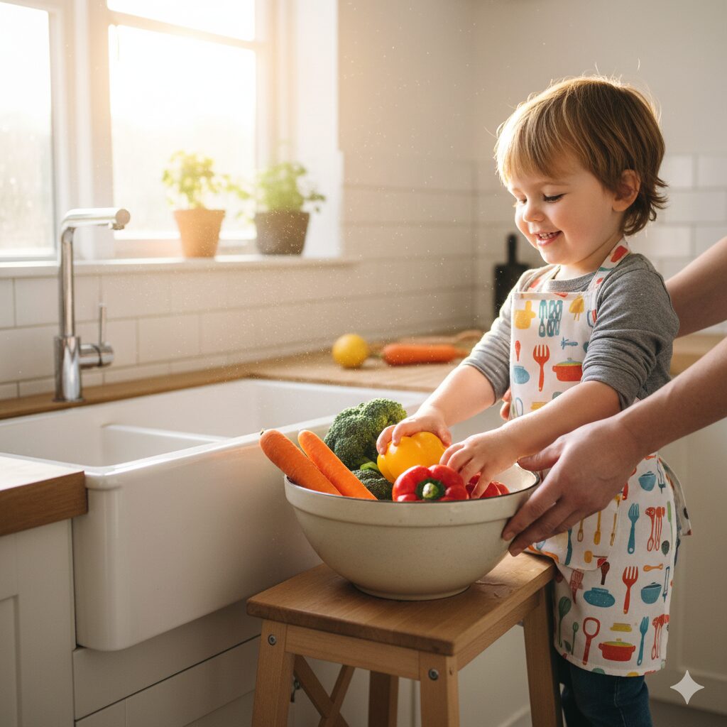 image 2 - Child cooking: A toddler wearing a small apron, happily sitting at a kitchen counter with their parent, gently touching or washing fresh vegetables.
