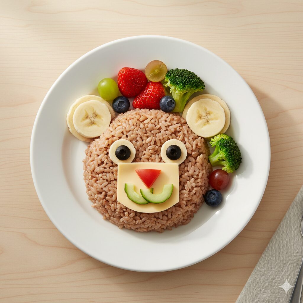 image 3 - Food Art: A toddler’s meal beautifully plated into the shape of a cute animal or character using tomatoes, cheese, and rice. Bright and creative presentation.
