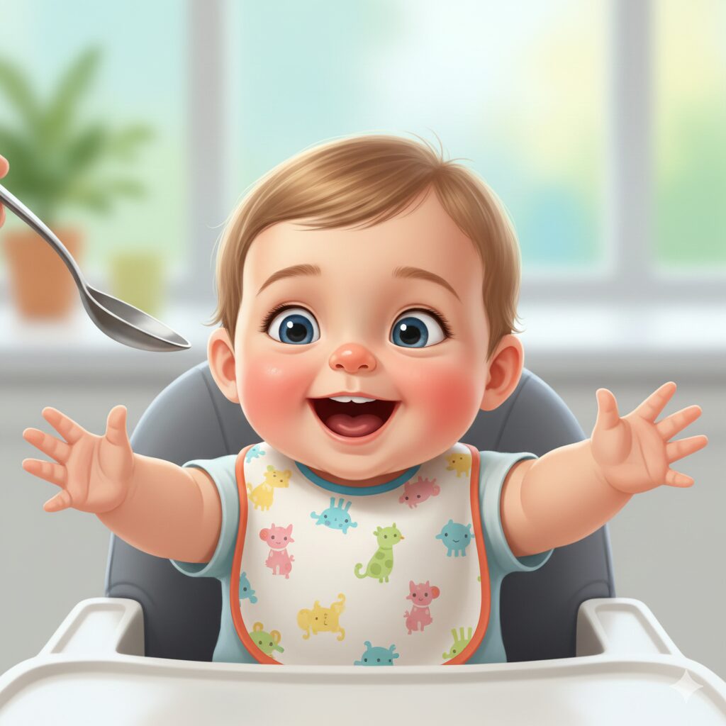 image 1 - Alternative Text: A 6-month-old baby smiling brightly while sitting in a high chair, looking at the spoon offered by a parent.