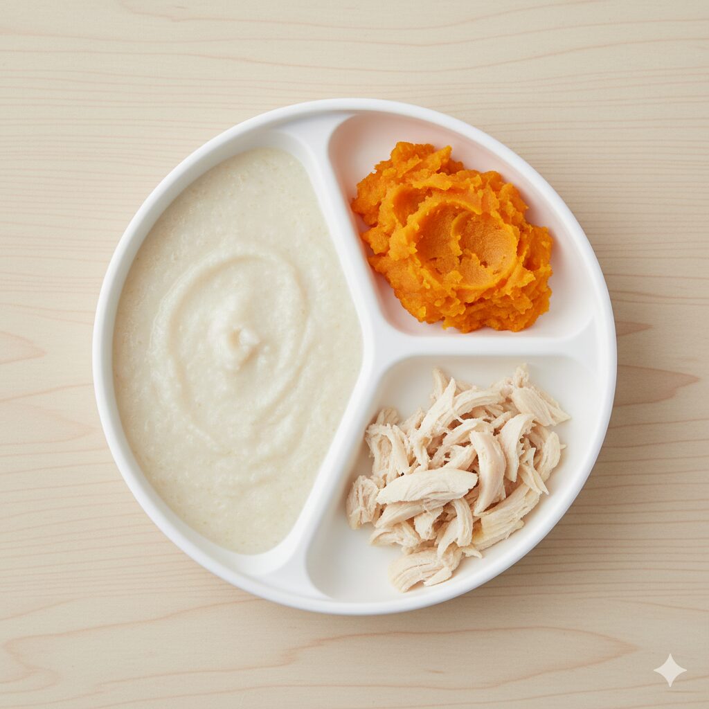 image 2 - Alternative Text: A close-up view of mashed baby food with a texture appropriate for Stage 2, showing small pieces of ingredients like sweet potato and oats.