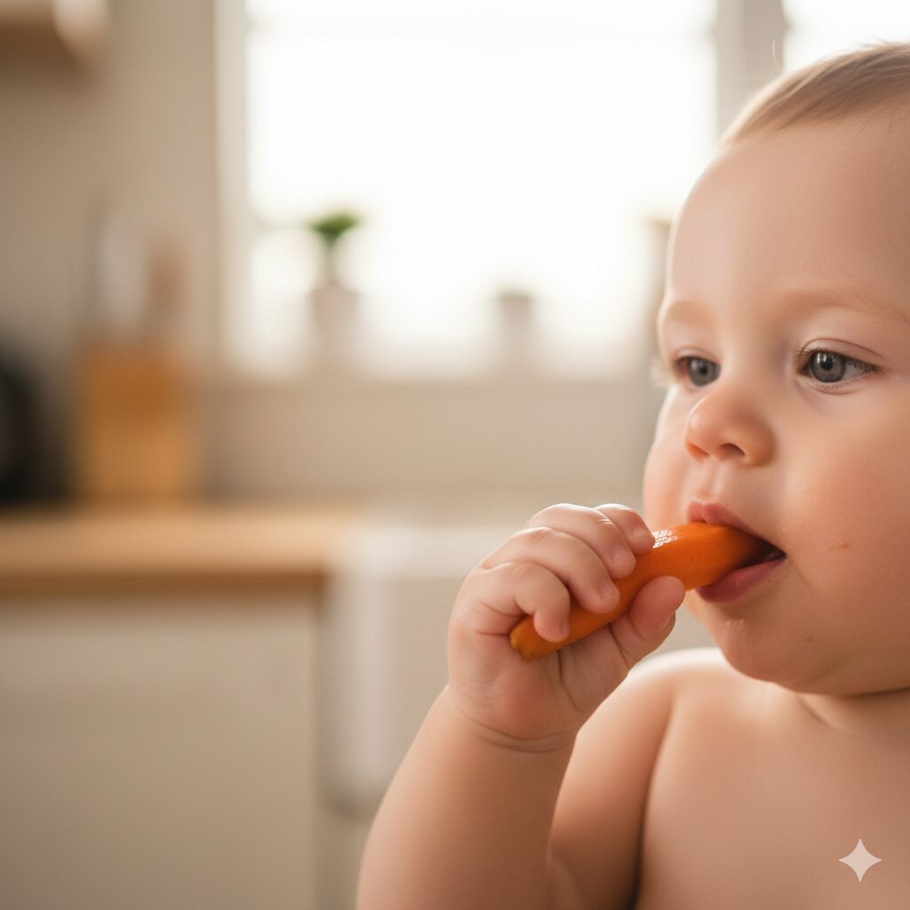 image 3 - Alternative Text: A baby eagerly reaching for and holding a soft piece of cooked broccoli in their hand from a suction-cup baby plate.