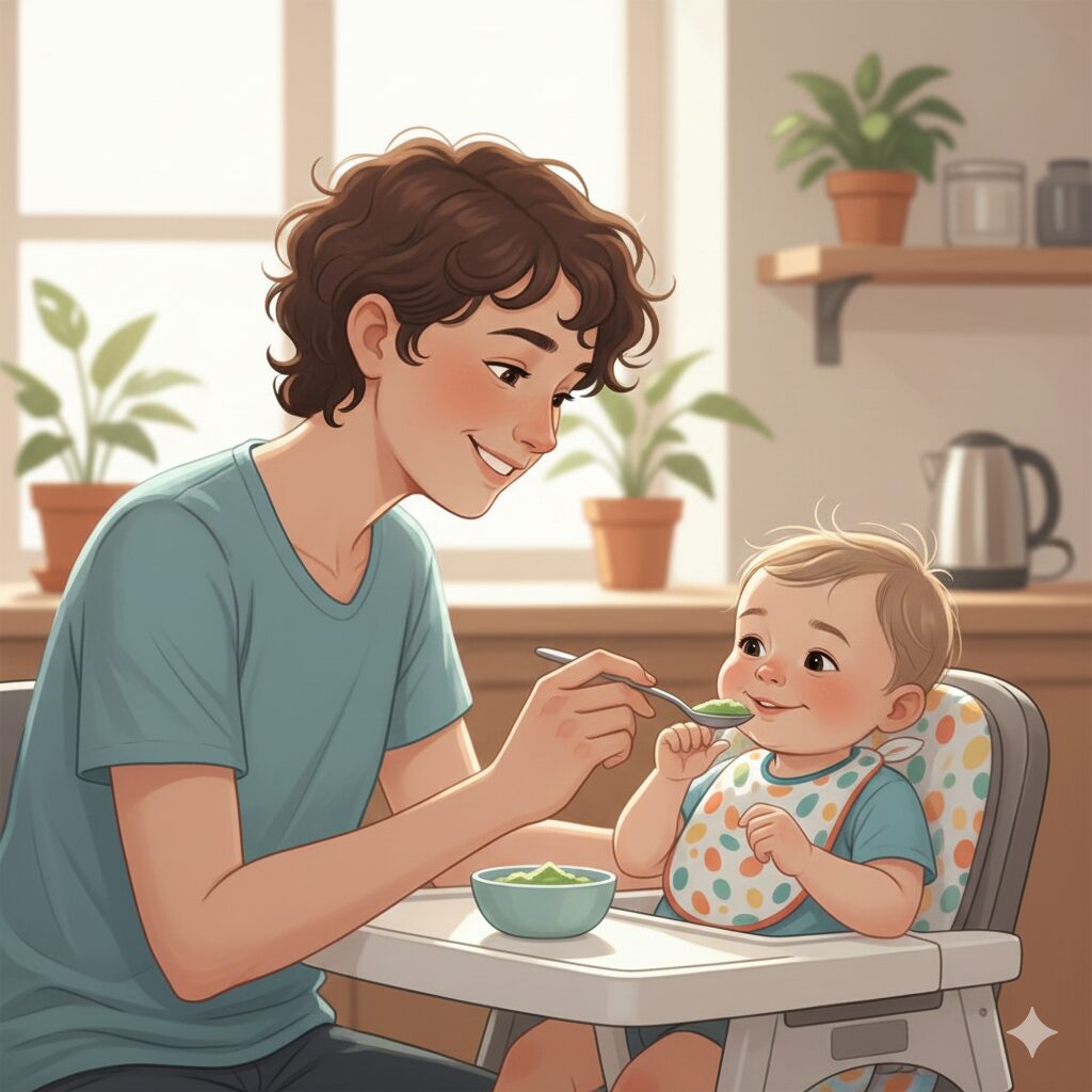 image 4 - Alternative Text: A parent gently wiping the face of a smiling baby who is in a high chair, keeping the atmosphere light and playful.