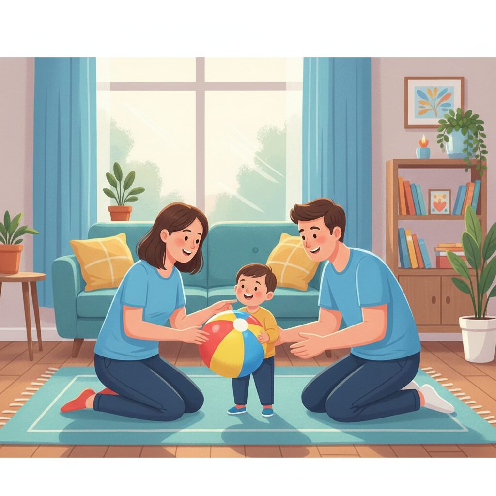 image 2 - alternative text (English): A parent sitting at the child's eye level, looking at a ball with the child and talking to them.