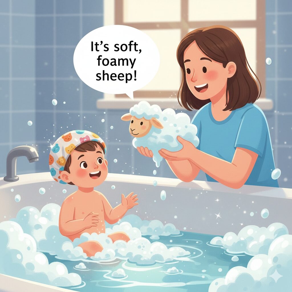 image 3 - alternative text (English): A mother using foam during bath time to talk about animal names with her child.