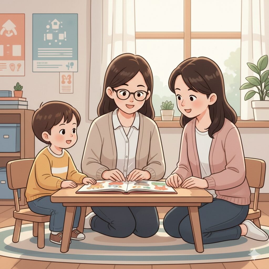image 4 - alternative text (English): A child and parent interacting with a picture book alongside a speech therapist for consultation.