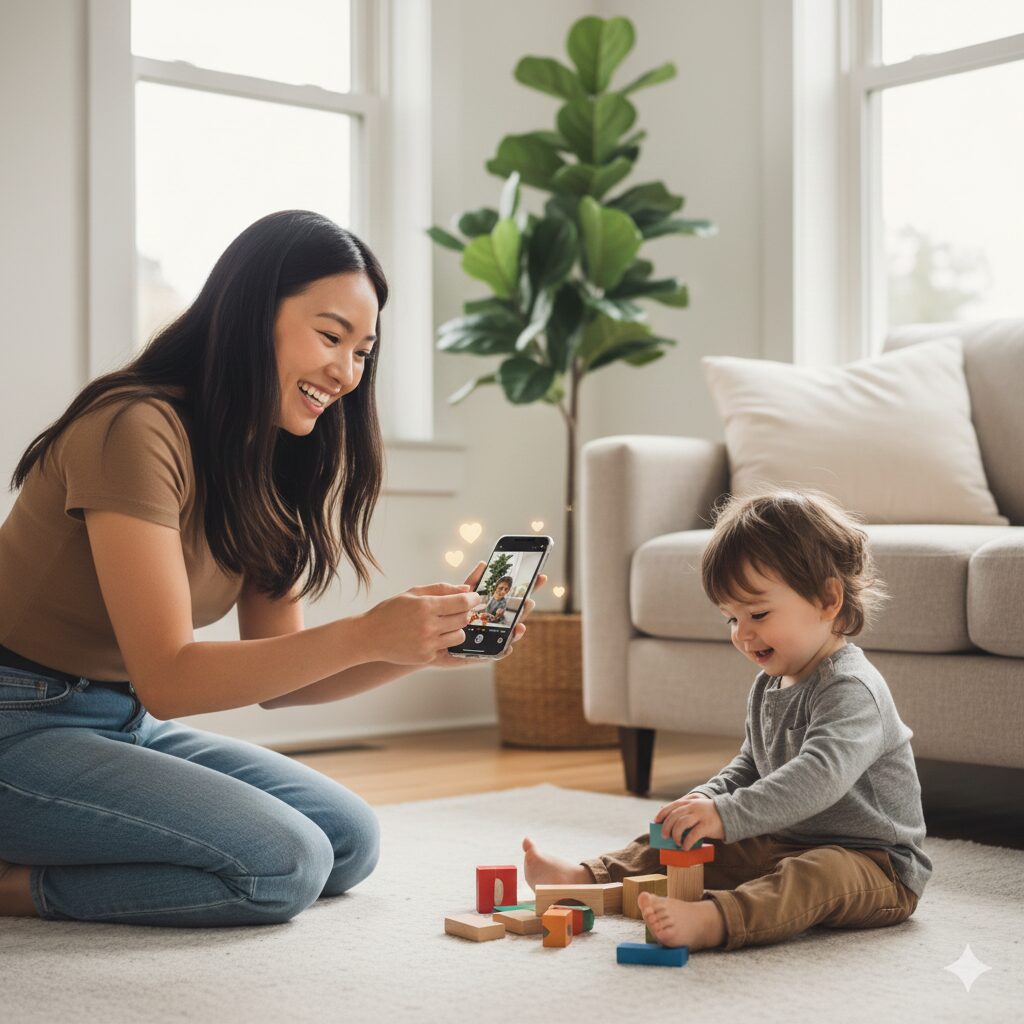 image 1 - Alternative text (English): A Millennial parent taking a photo of their child's beautiful moment with a smartphone camera and uploading it to Instagram. Bright and warm atmosphere.