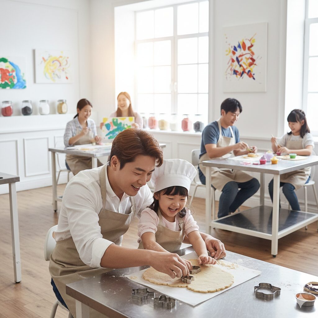 image 2 - Alternative text (English): A parent enjoying a cooking or painting class with their child in an upscale kids' class setting. Both the parent and child look happy.