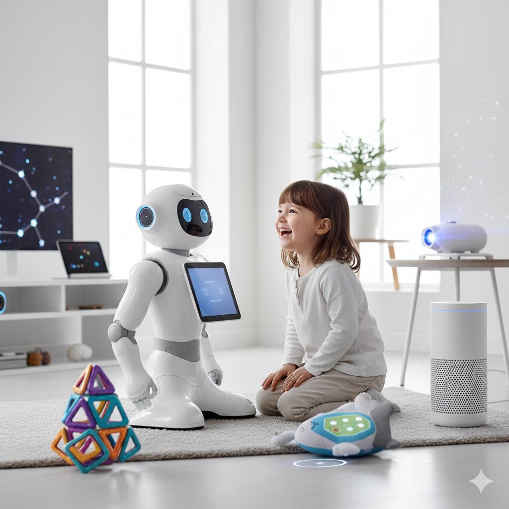 image 3 - Alternative text (English): A child happily interacting with an AI speaker or an educational robot. Various smart toys are placed around.
