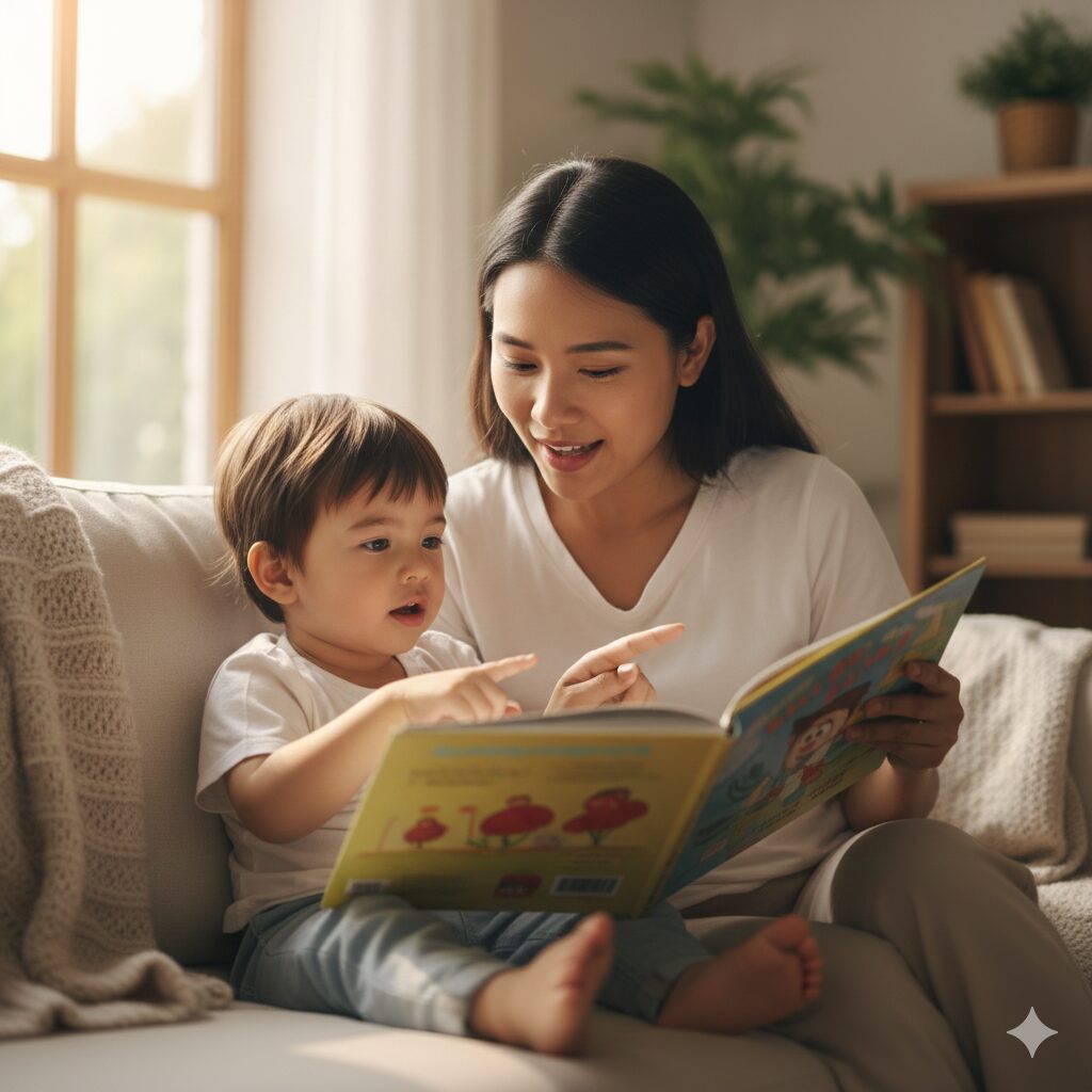 image 4 - Alternative text (English): A parent and child affectionately reading a picture book together. Emphasizing the importance of human interaction over technology.