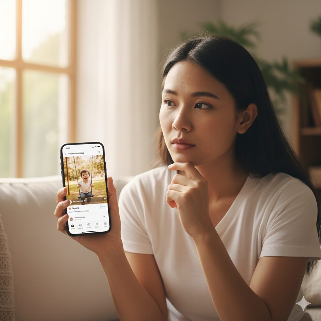 image 5 - Alternative text (English): A parent contemplating while looking at an edited photo before pressing the upload button on social media. Reflecting on personal privacy and excessive exposure.