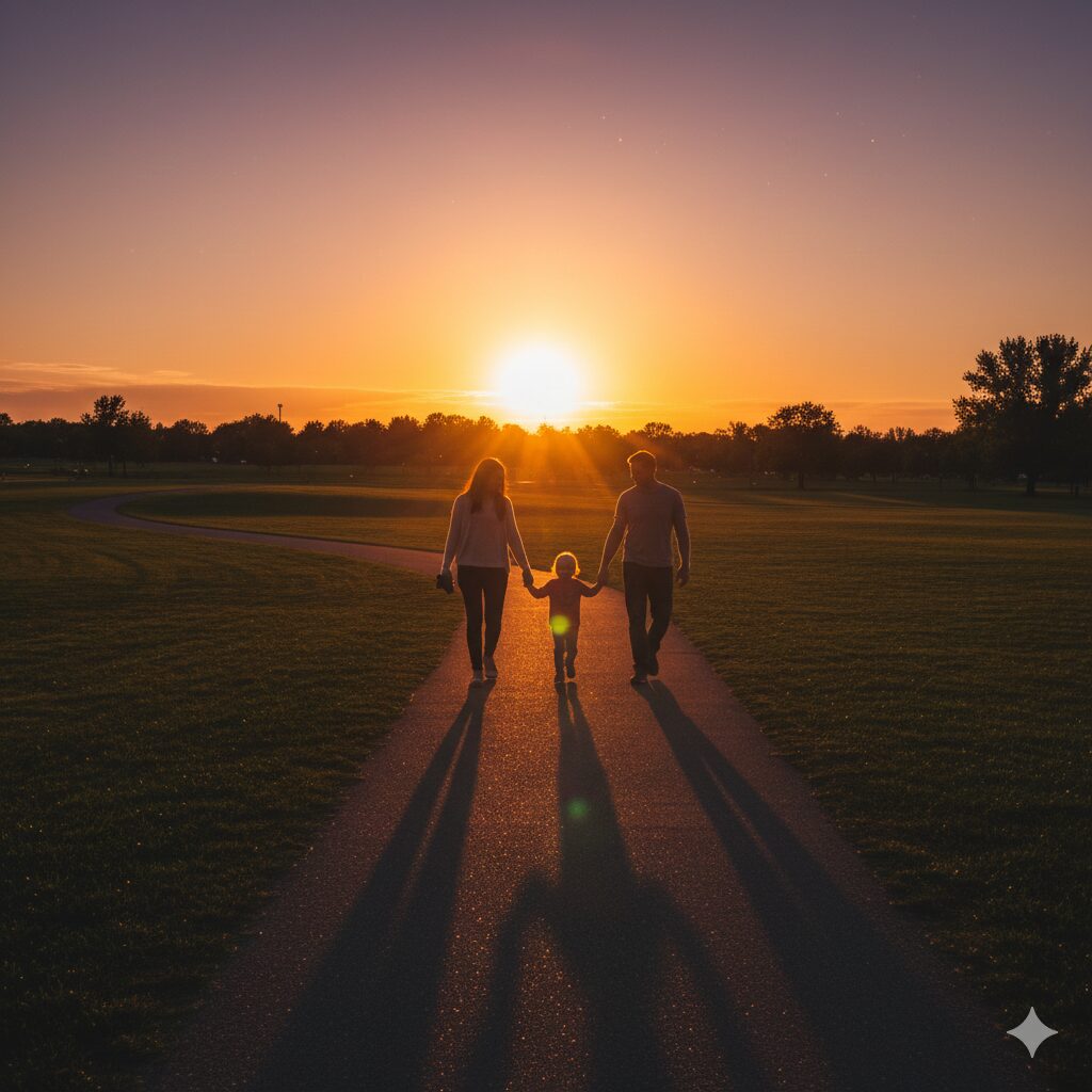  A family's silhouette walking in a park under a warm sunset, engaged in happy conversation