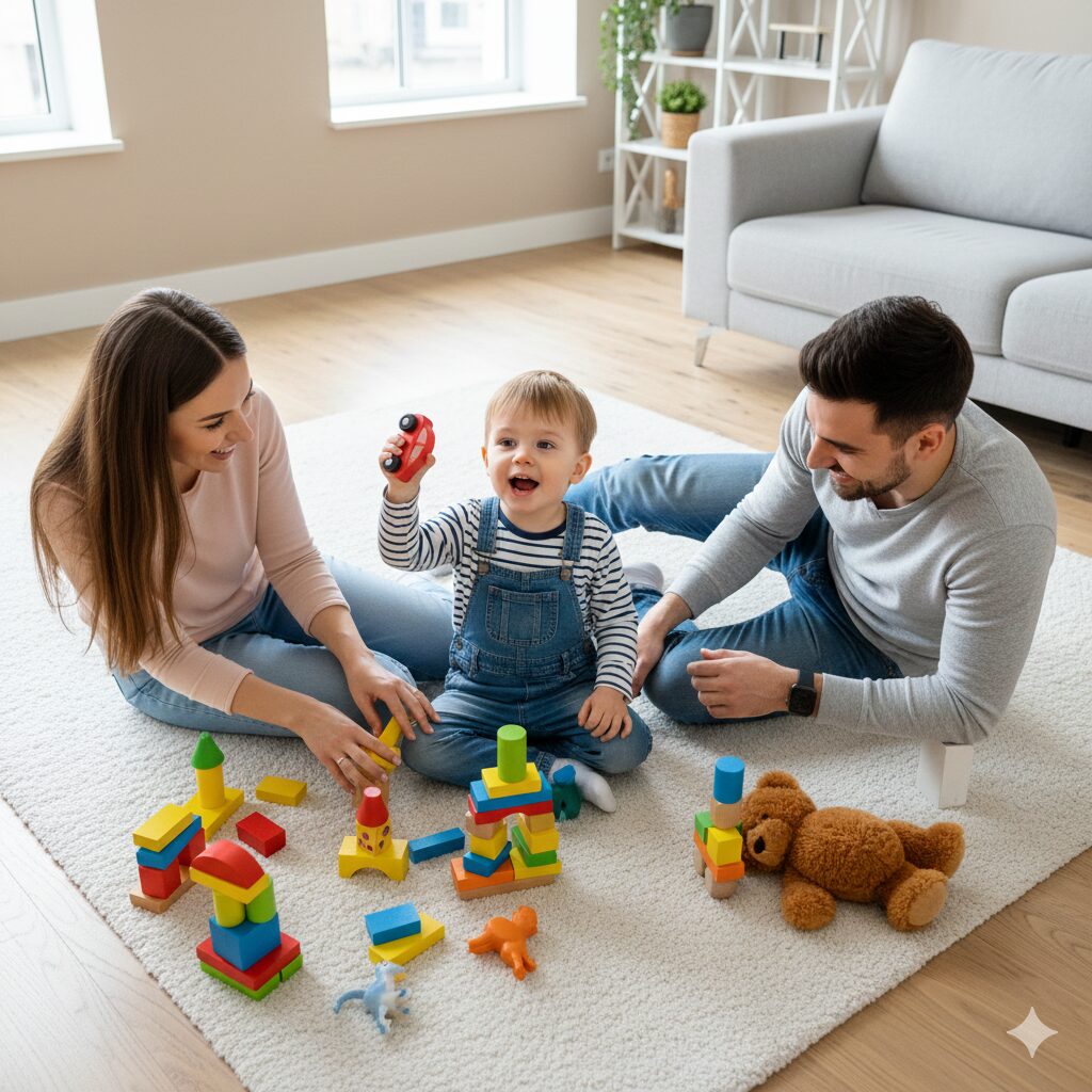A family sitting on the living room floor playing with blocks and dolls while talking