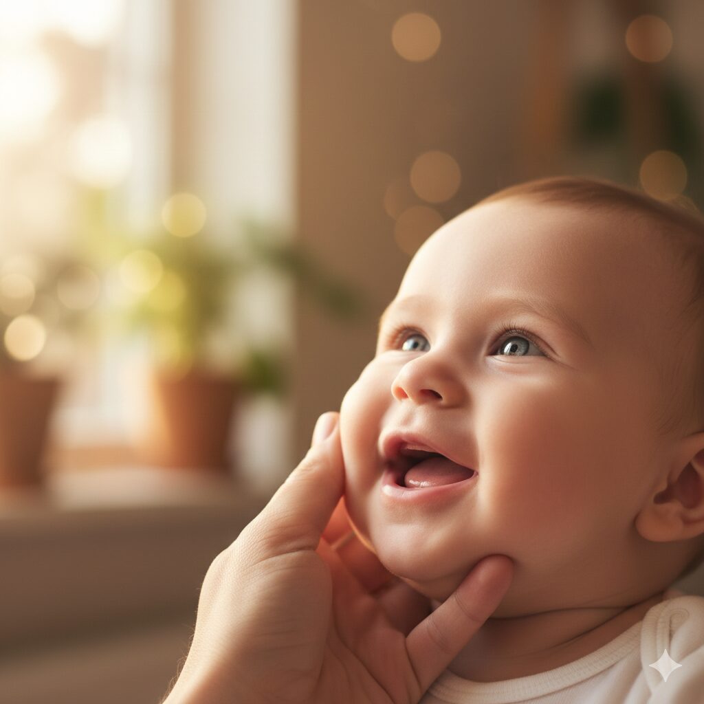 A mother and baby making eye contact and engaging in a gentle conversation