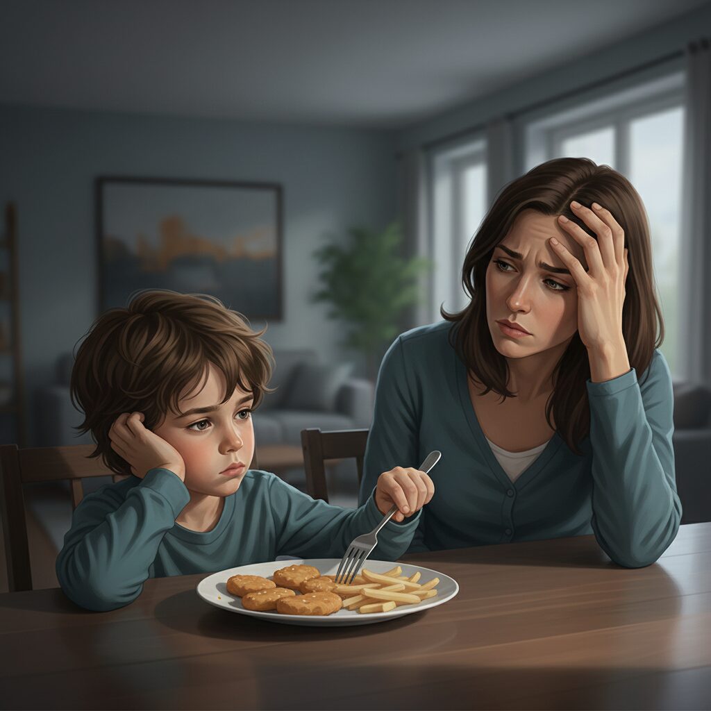 image 1 - A parent looking concerned while a young child is distracted at the dining table