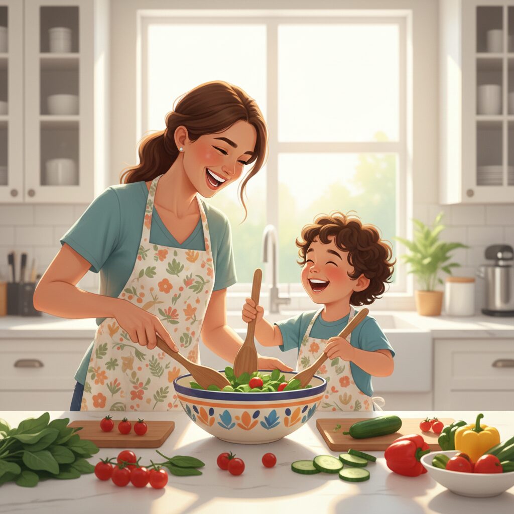 image 5 - A parent and child laughing together while preparing a simple salad in the kitchen