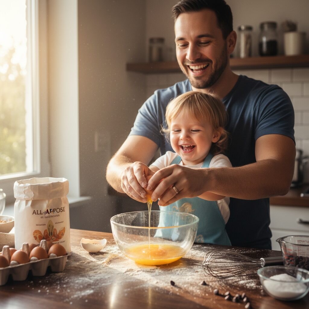 image 4 - A parent and child having fun in the kitchen while cracking eggs to cook a meal together.