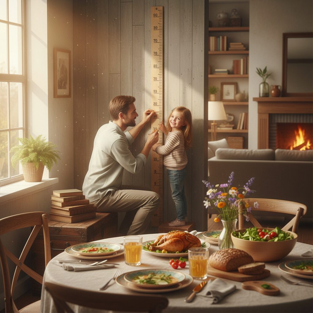 image 1 - A happy parent and child measuring height against a wall, with a table full of healthy food in the background.