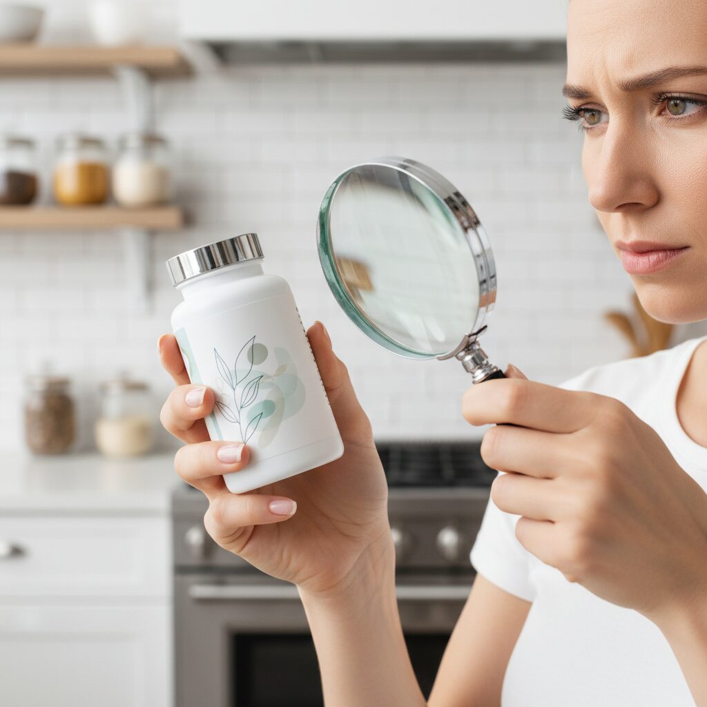 image 2 - A mother carefully inspecting the nutrition label on a supplement bottle with a magnifying glass.