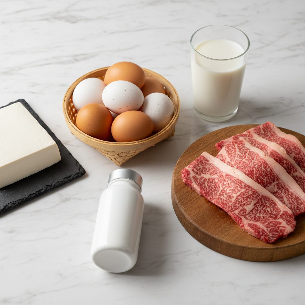 image 3 - A spread of protein-rich foods like eggs, tofu, milk, and lean beef next to a modern bottle of albumin supplement.