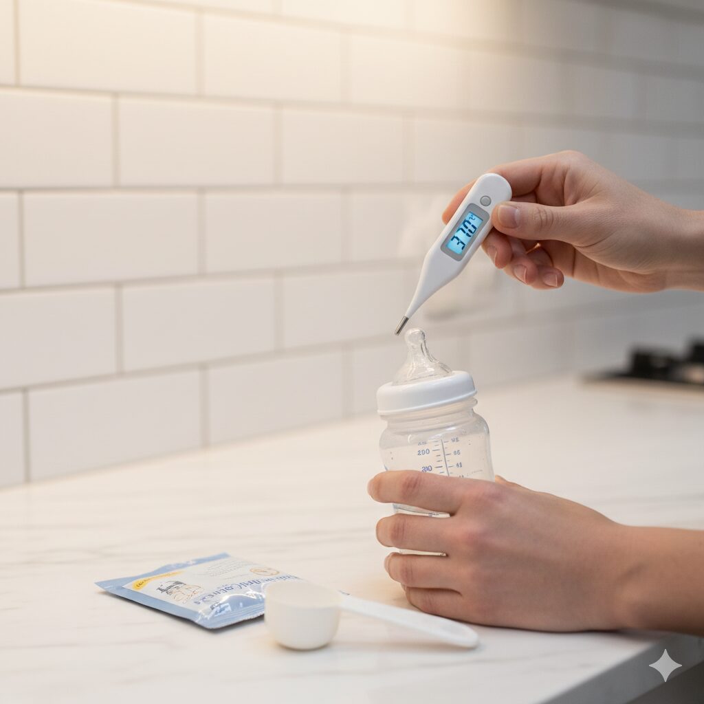 (Image 3 - Alternative Text: Using a thermometer to ensure safe water temperature when preparing infant formula)