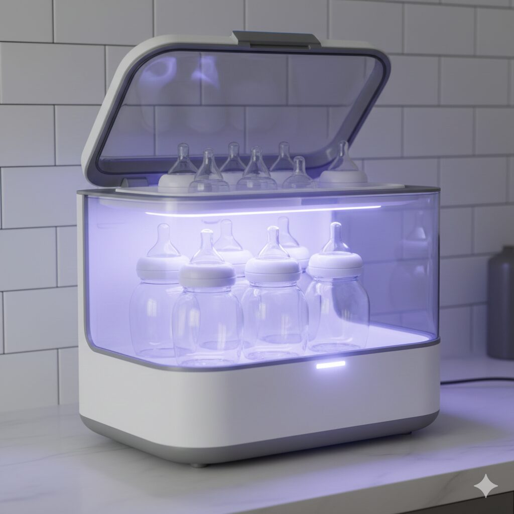 (Image 2 - Alternative Text: Inside a UV bottle sterilizer where bottles are being sterilized with UV light)