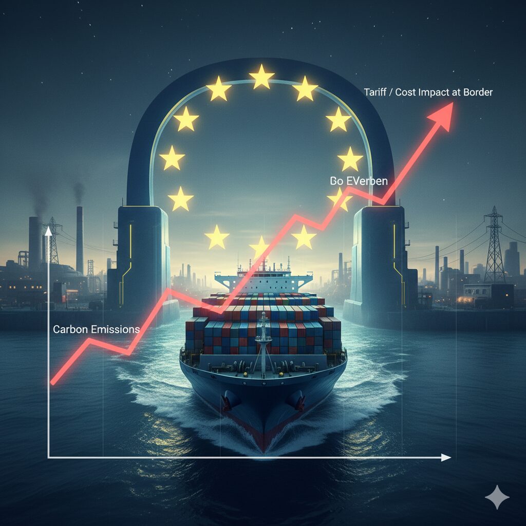 image number 1 - A container ship crossing an EU border, superimposed with a carbon emission graph.