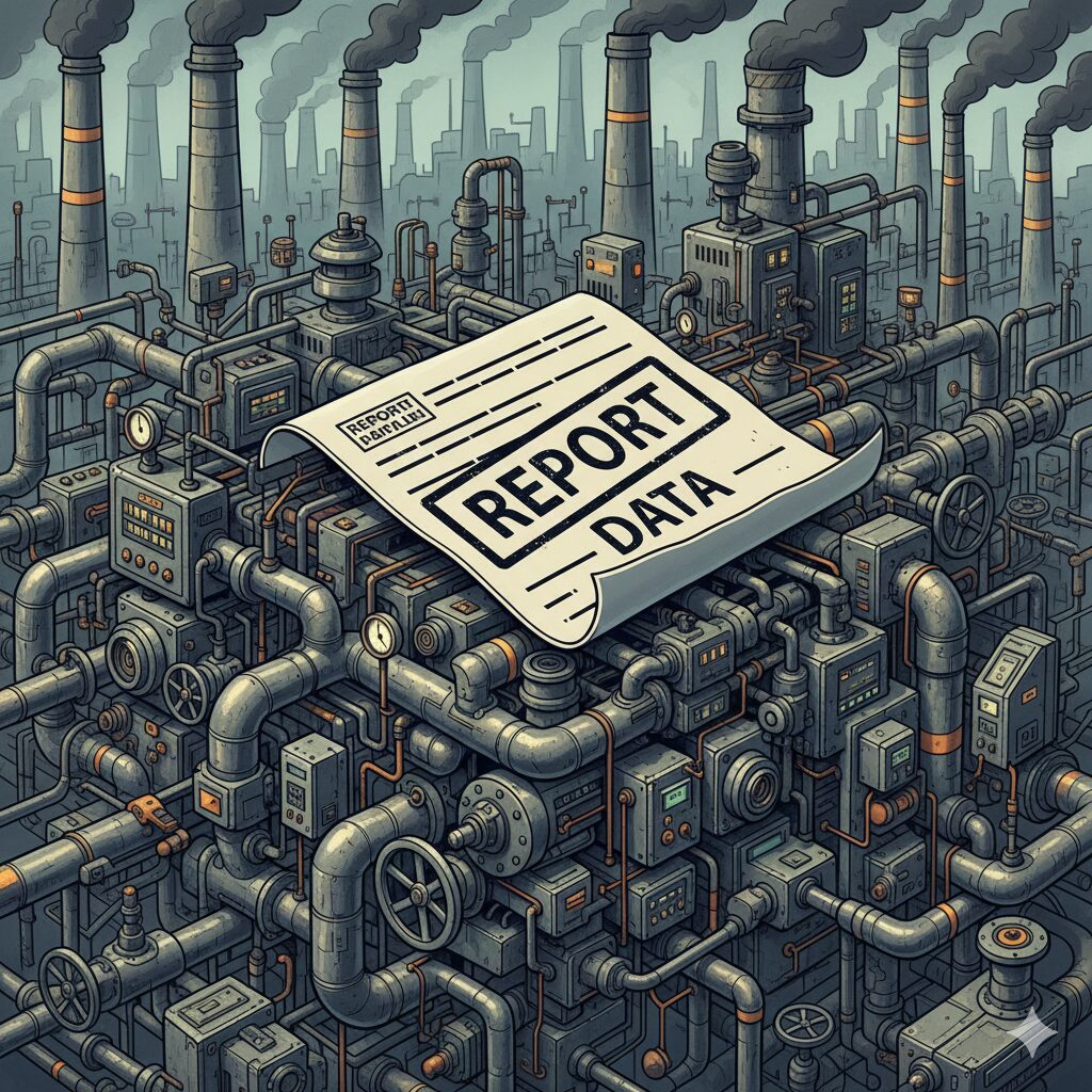 image number 2 - Complex, intertwined factory pipelines overlaid with a 'Report' document.