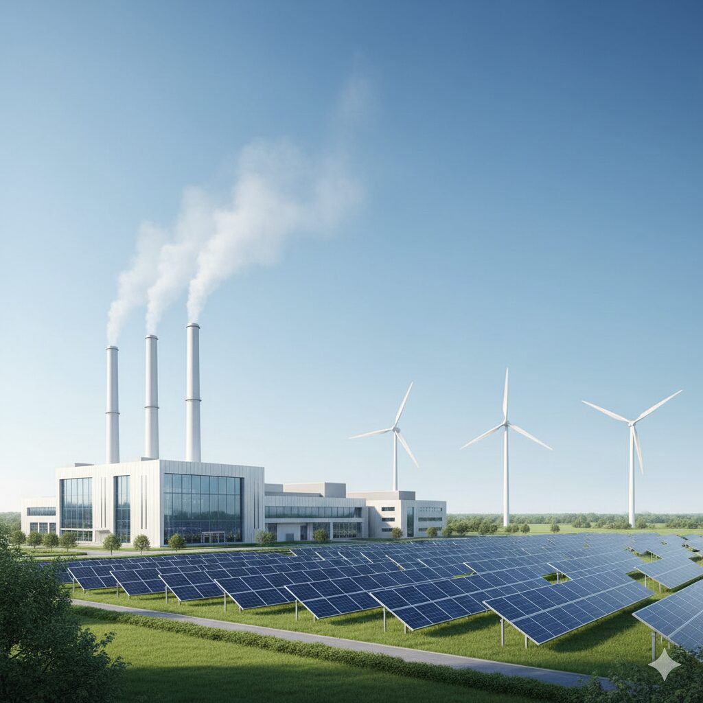 image number 3 - A factory chimney emitting clean steam instead of smoke, with solar panels installed next to it.