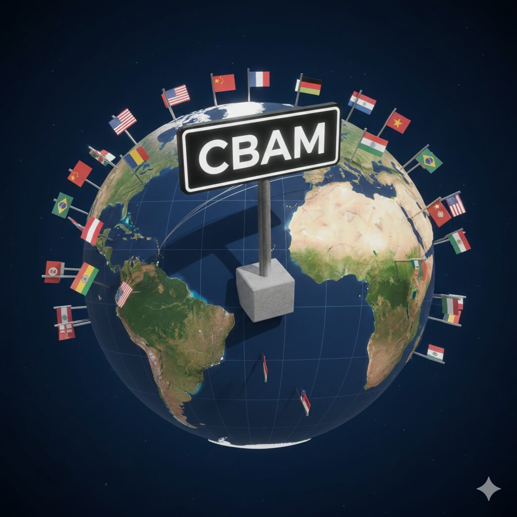 image number 4 - A globe with various country flags planted on it, with a sign reading 'CBAM' at the center.