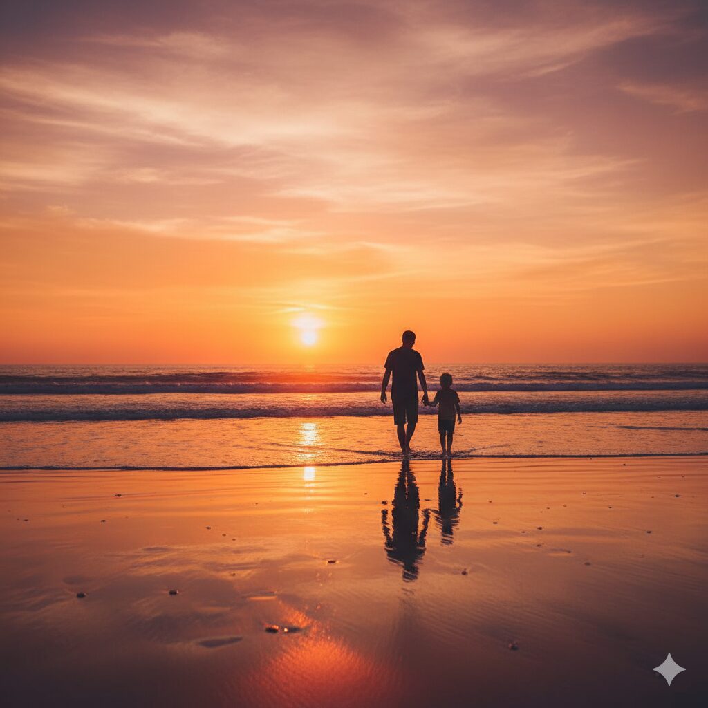 image 5 - A peaceful view of a parent and child walking hand in hand on a beach at sunset