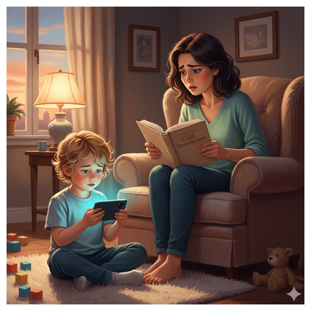 image 1 - A parent looking worriedly at a child watching a smartphone while holding a parenting book