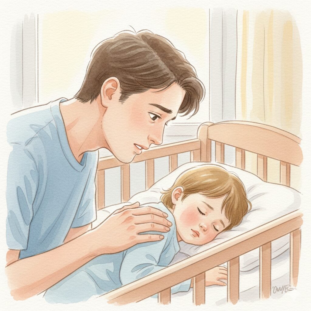 image 1 - Parent with a concerned expression gently trying to wake a lethargic child