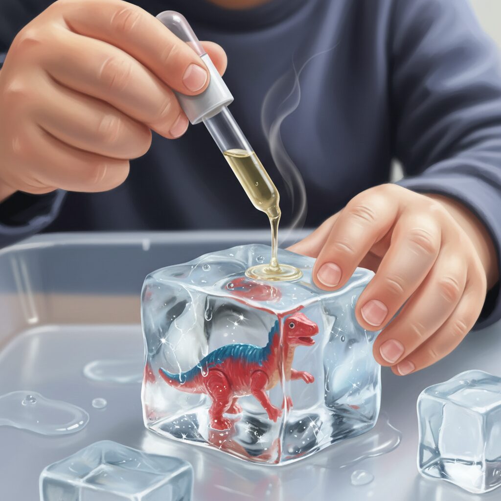image 3 - A child curiously watching a small dinosaur toy emerge as ice melts in a transparent container