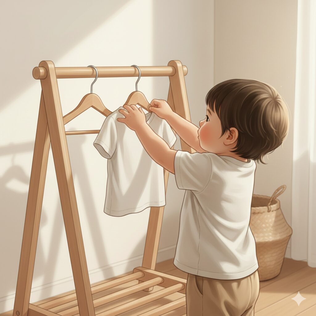 image 2 - A toddler independently choosing clothes from a low wooden garment rack.