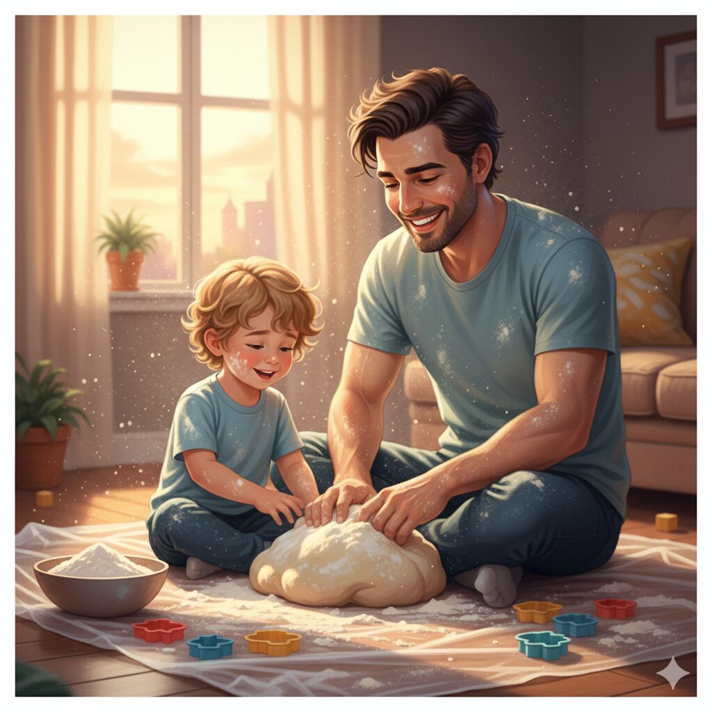 image 2 - A parent and child laughing while kneading flour dough on a plastic sheet in the living room