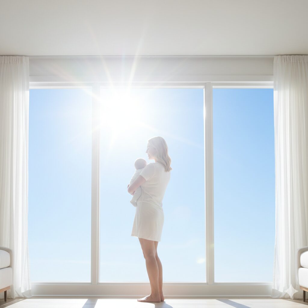image 5 - The back of a healthy-looking mother holding her baby and smiling toward a bright blue sky.