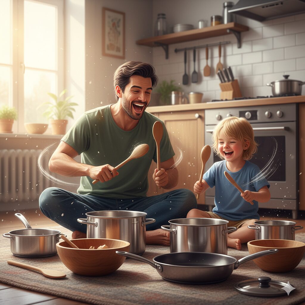 image 6 - A parent and child sitting on the kitchen floor, playing "instruments" made of pots and pans